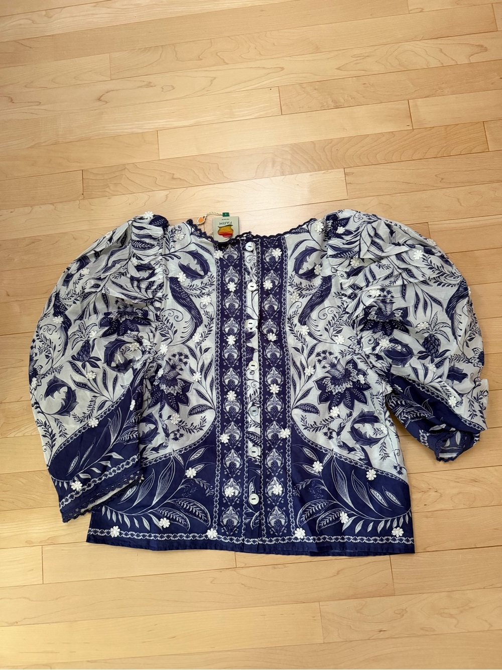 FARM Rio Blue and White Botanical Puff-Sleeve Top - Picture 5 of 7